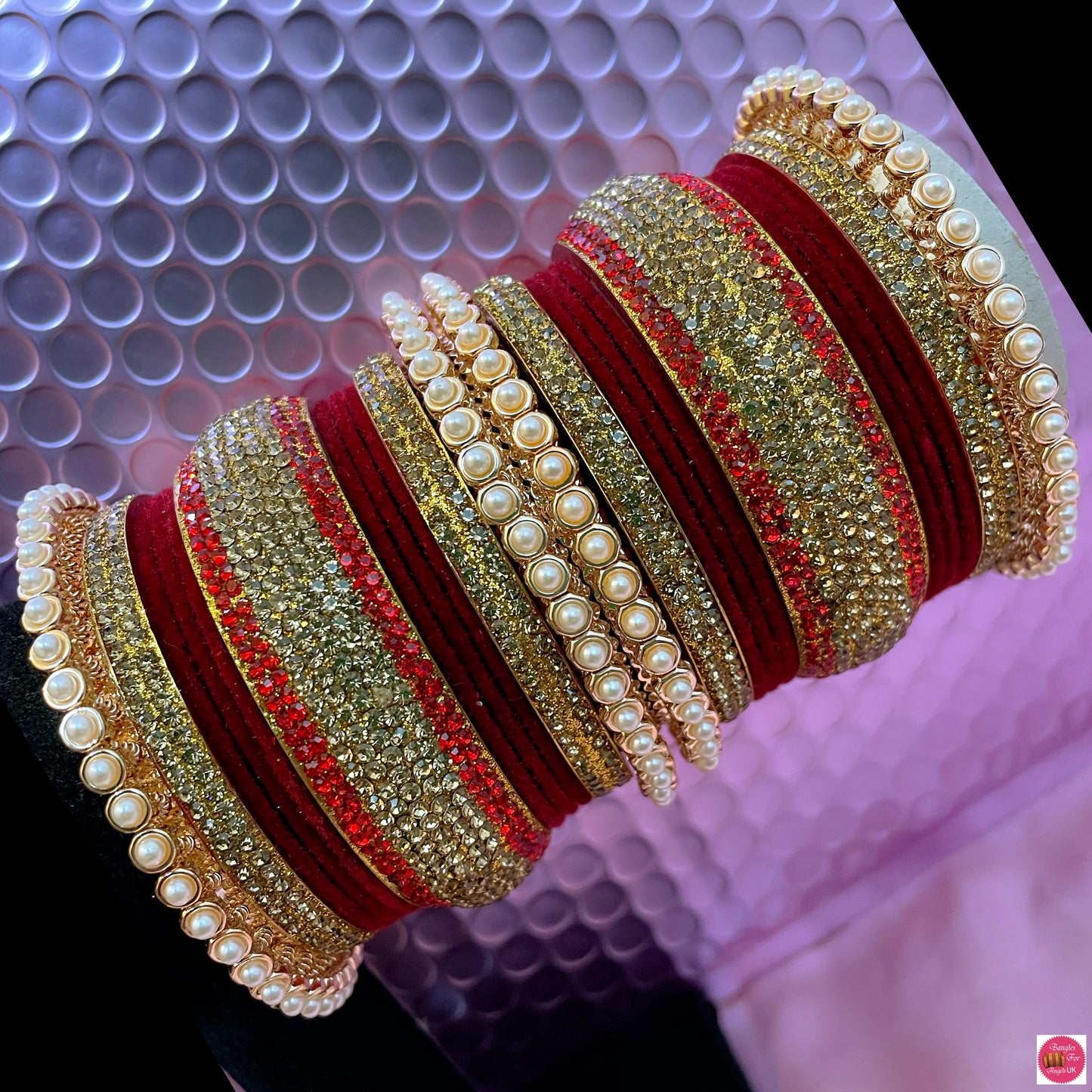 Pearl Metal Bangles Set- Maroon