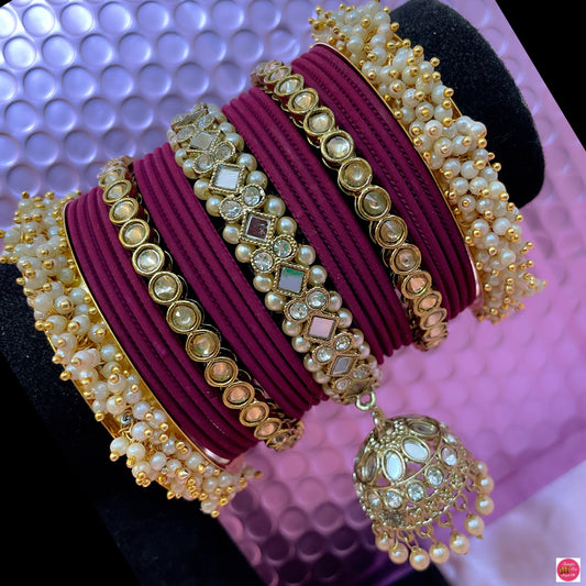 Kundan Gold Pearl Hanging Metal Bangles Set- Wine