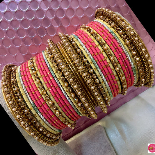 Gold Metal Bangles Set- Carrot Pink