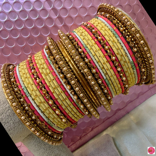 Gold Metal Bangles Set- Cream/Carrot Pink