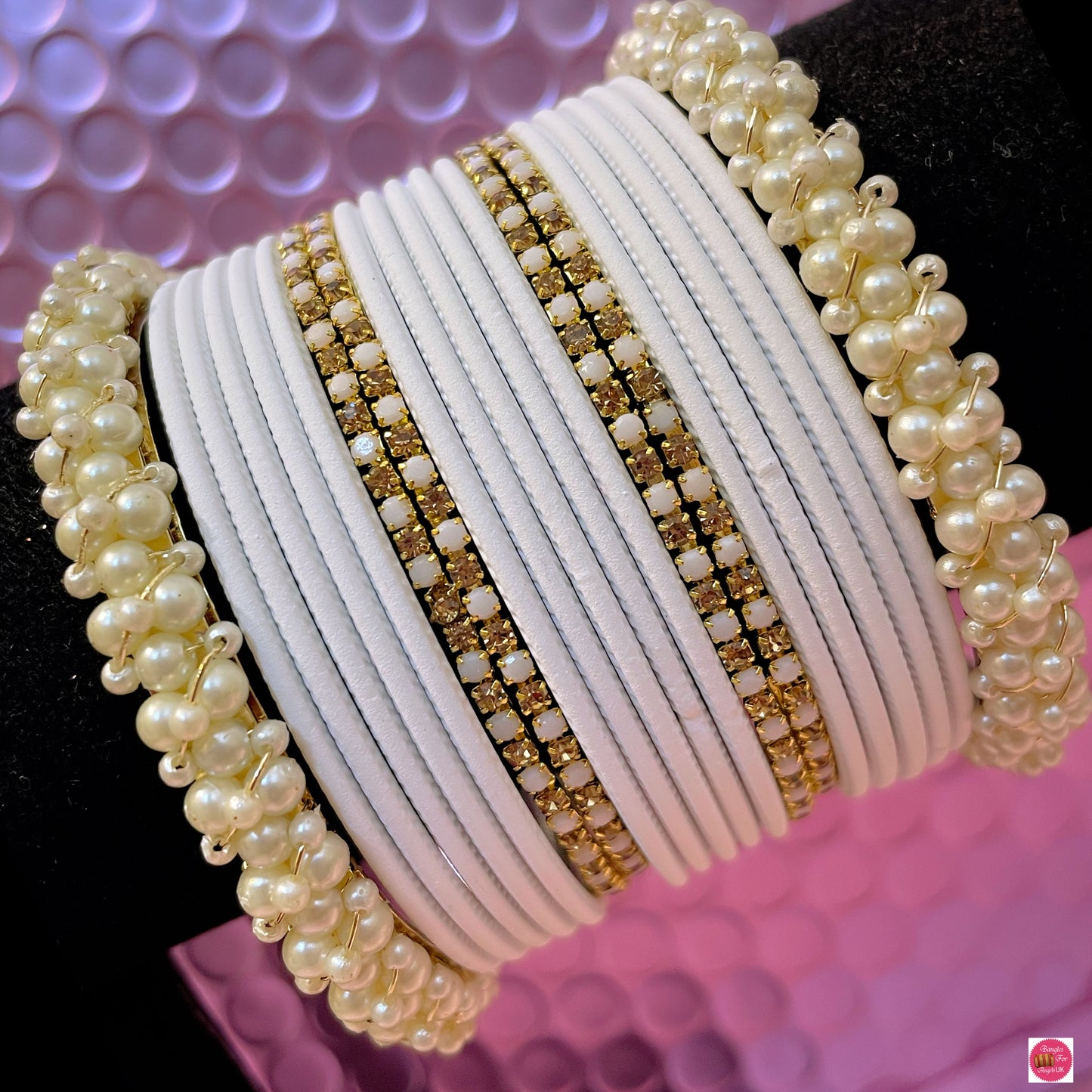 White Pearl Zirconia Metal Bangles Set