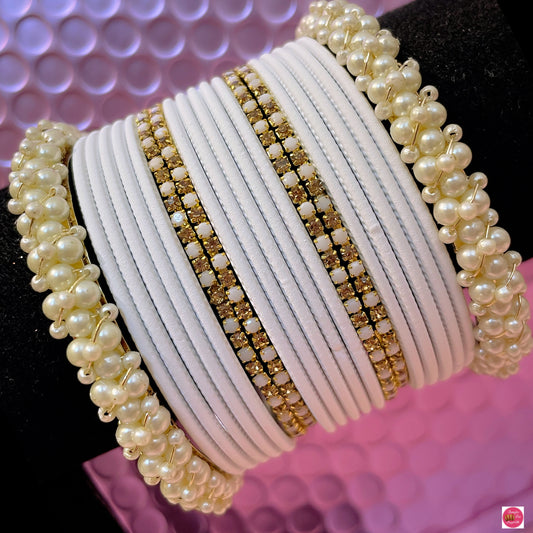 White Pearl Zirconia Metal Bangles Set