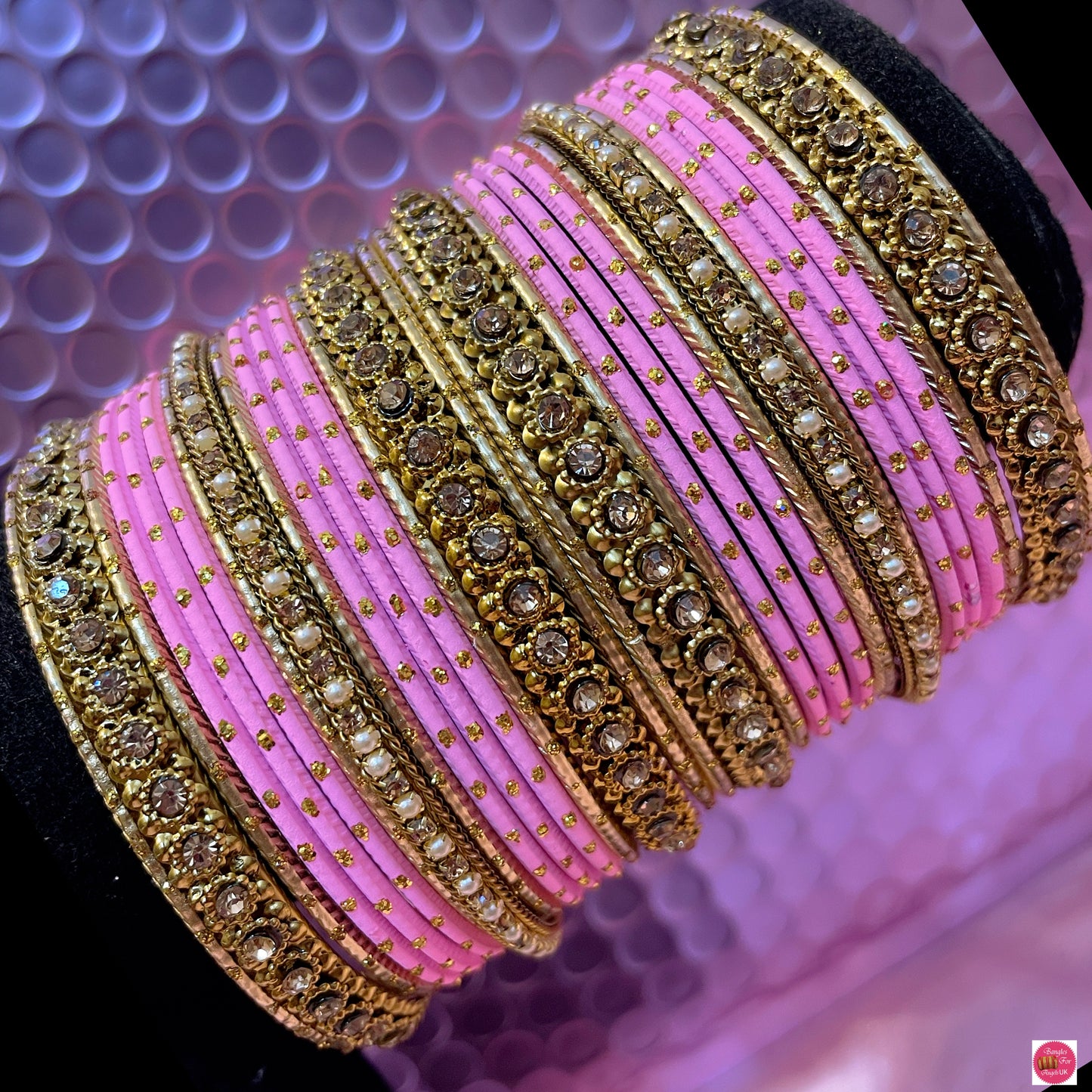 Gold Pearl Metal Bangles Set- Baby Pink