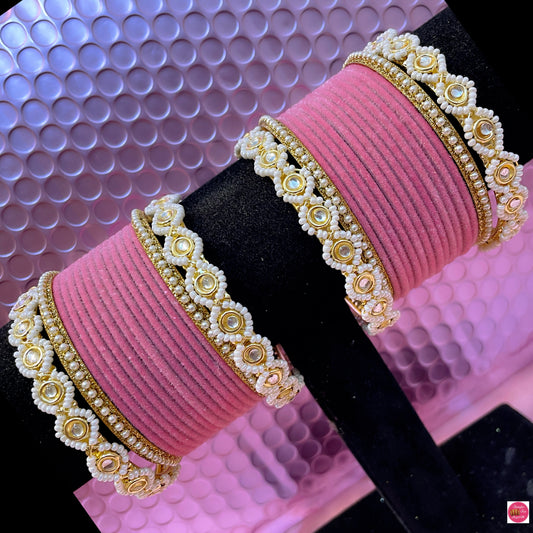 Gold Pearl Metal Bangles Set- Blush Pink