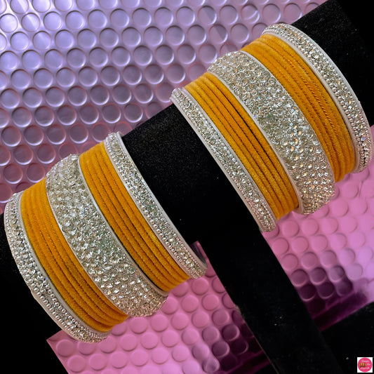 Silver Velvet Metal Bangle Set- Yellow Velvet