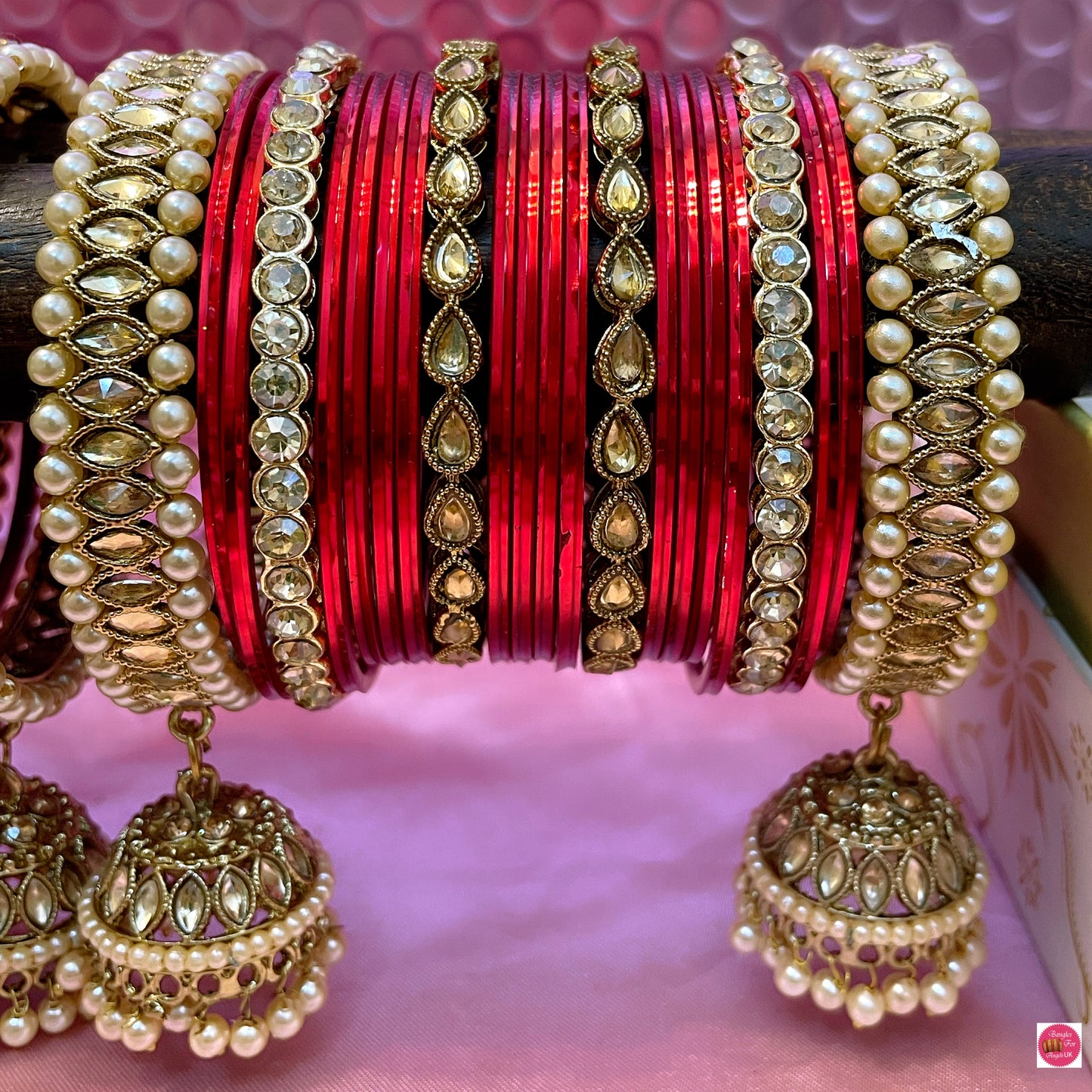 Kundan Pearl Gold Hanging Metal Bangles Set- Red