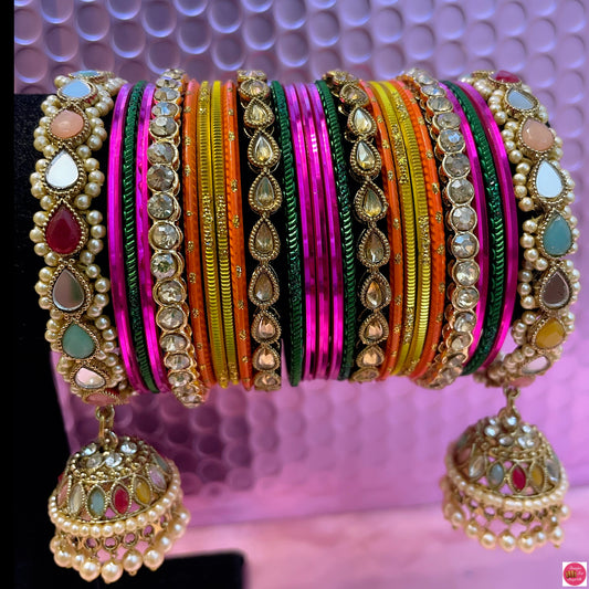 Multicoloured Kundan Pearl Hanging Mehendi/Dholki Bangles Set