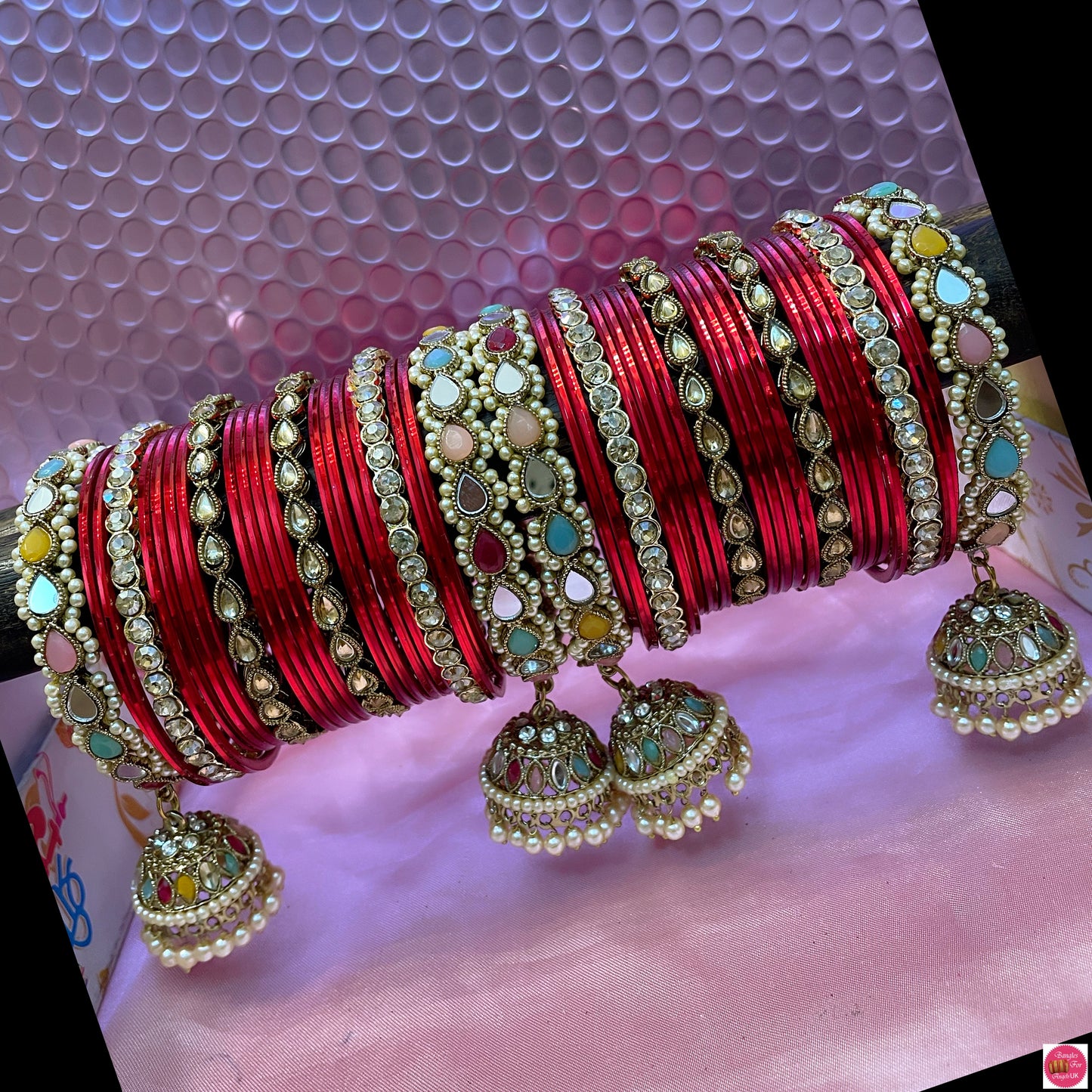 Kundan Pearl Gold Hanging Metal Bangles Set- Red