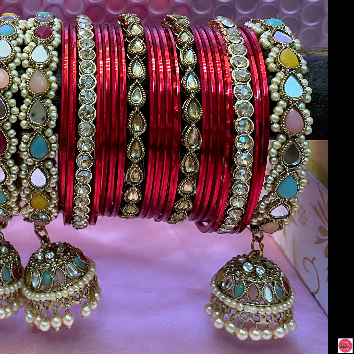 Kundan Pearl Gold Hanging Metal Bangles Set- Red