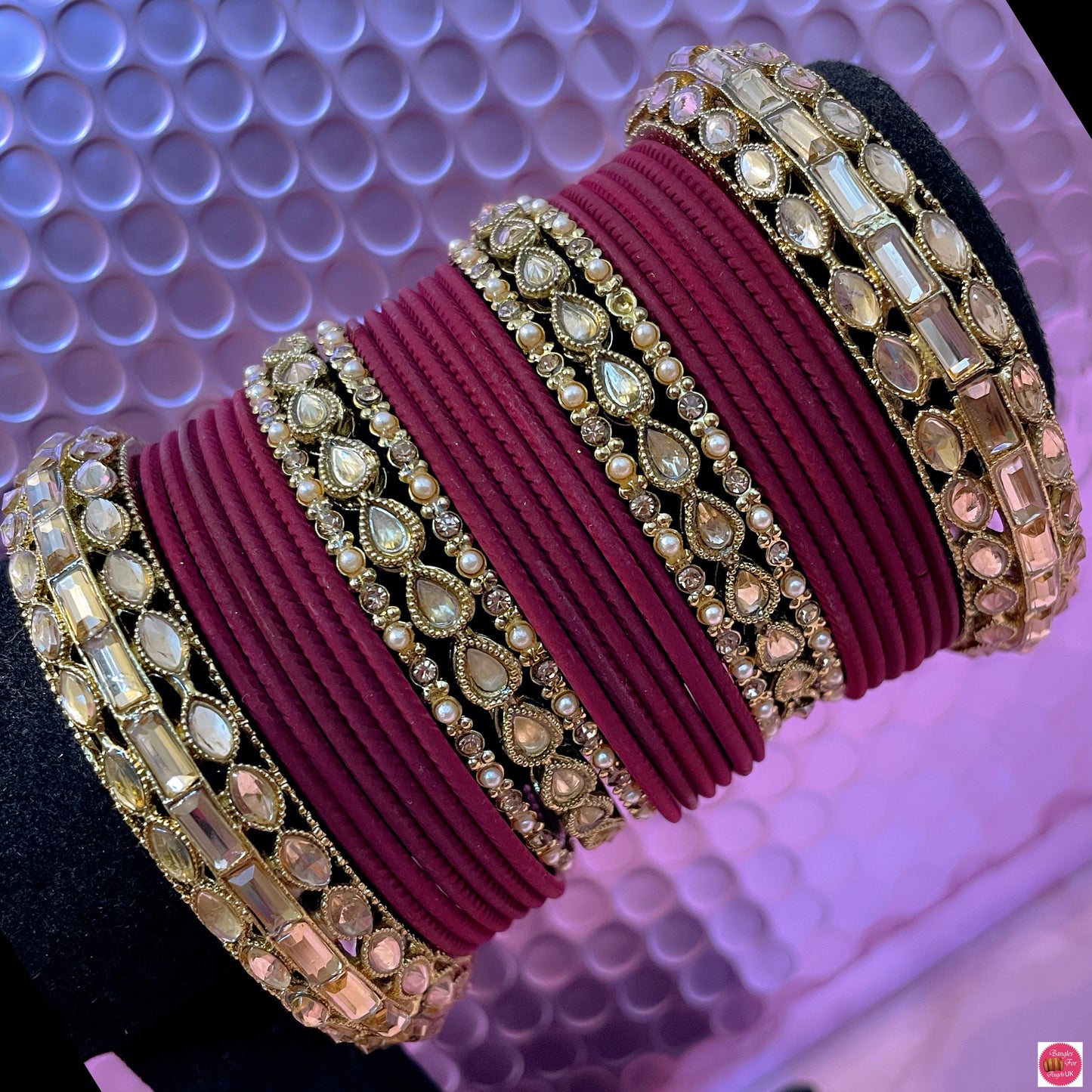 Gold Kundan Metal Bangles Set- Maroon