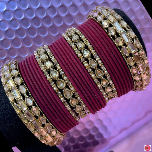 Gold Kundan Metal Bangles Set- Maroon