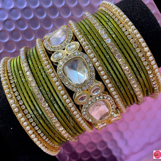 Kundan Pearl Zirconia Metal Bangles Set- Mehendi Green