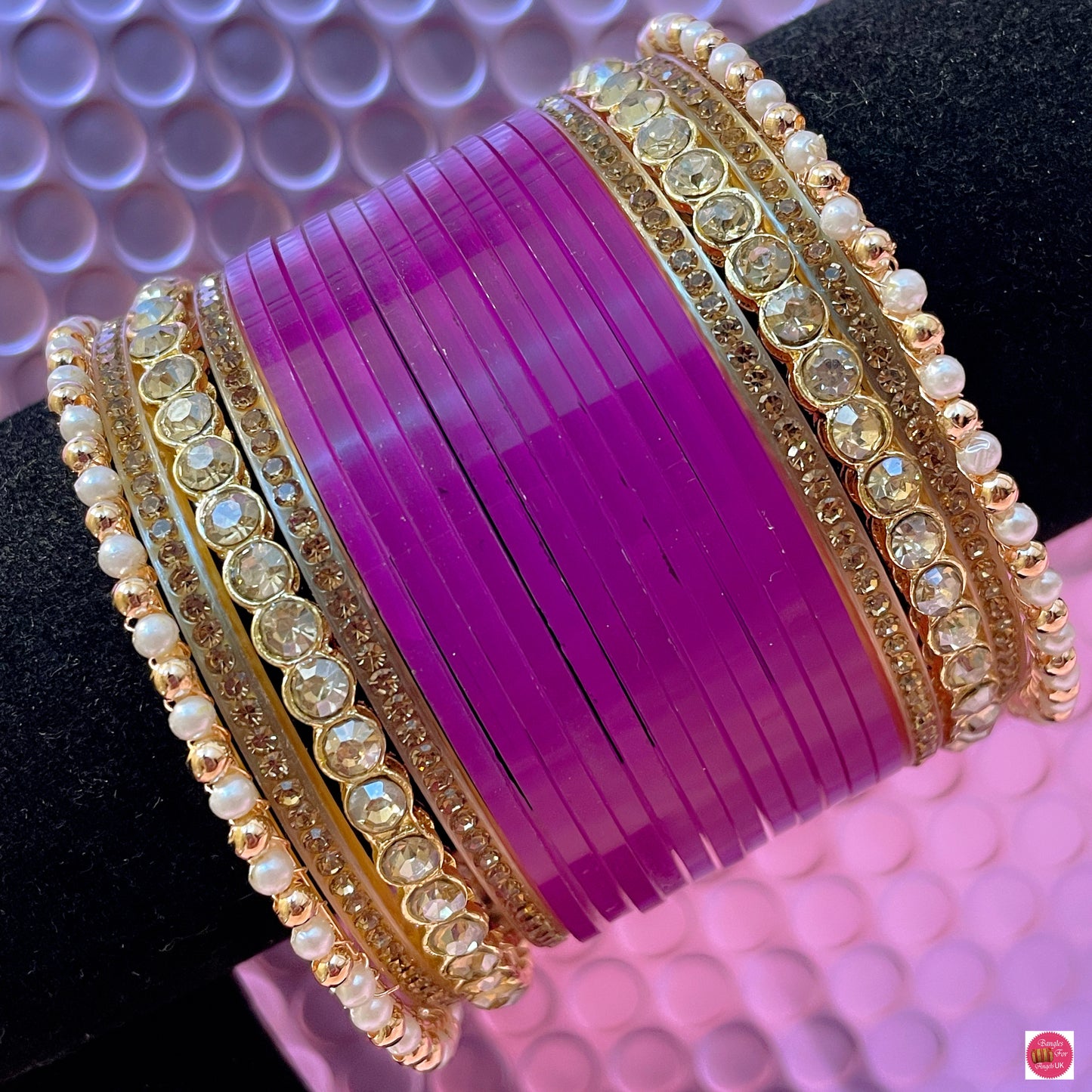 Gold Pearl Chura Bangles Set- Magenta/Fuschia Pink