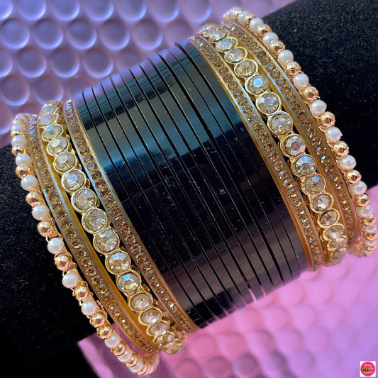 Gold Pearl Chura Bangles Set- Black