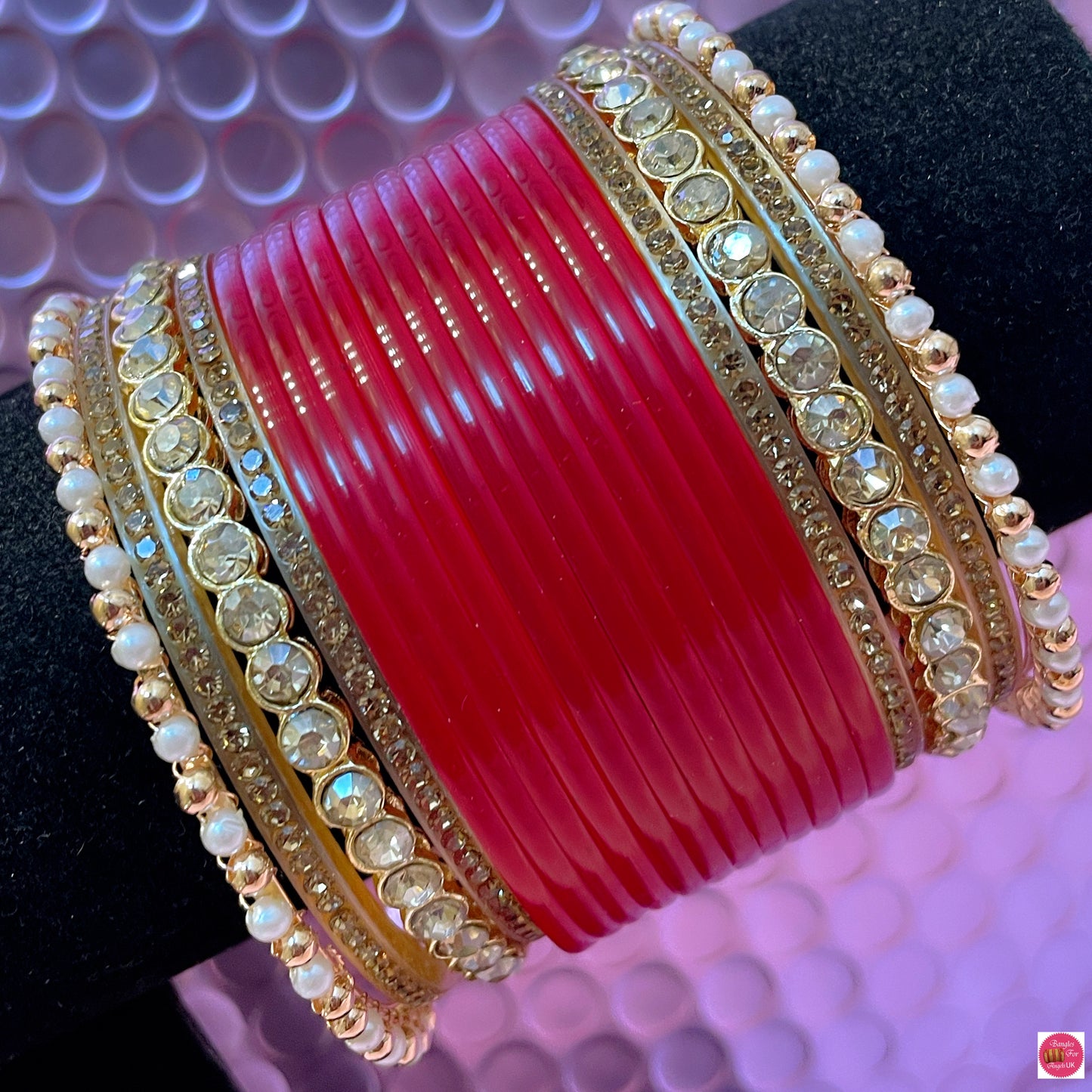 Gold Pearl Chura Bangles Set- Red