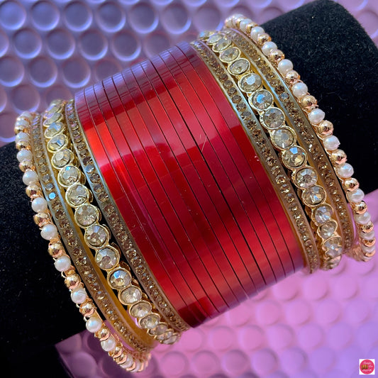 Gold Pearl Chura Bangles Set- Cherry Red