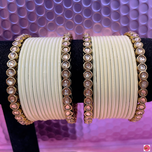 Kundan Metal Bangles Set- Cream/Off White