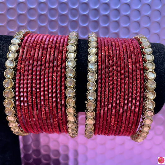 Kundan Metal Bangles Set- Maroon