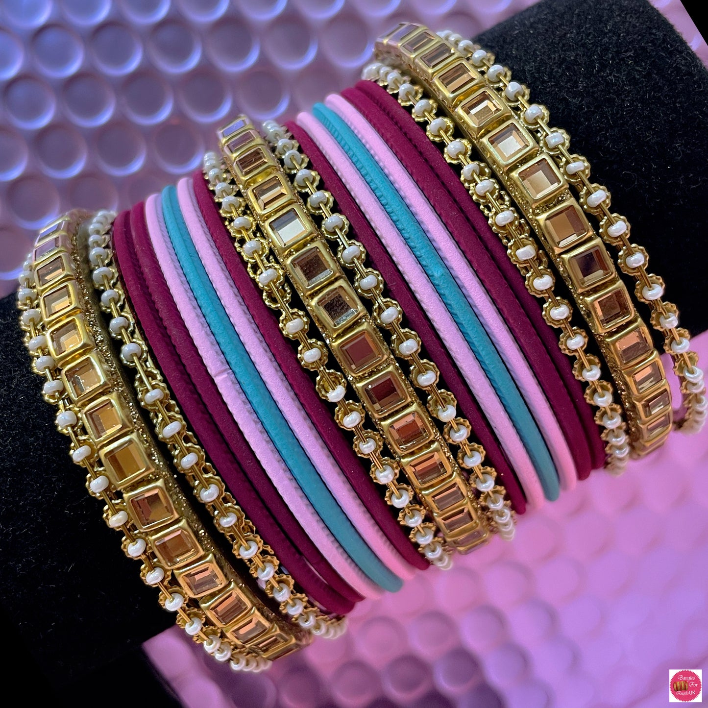 Pearl Kundan Metal Bangles Set- Wine/Pink