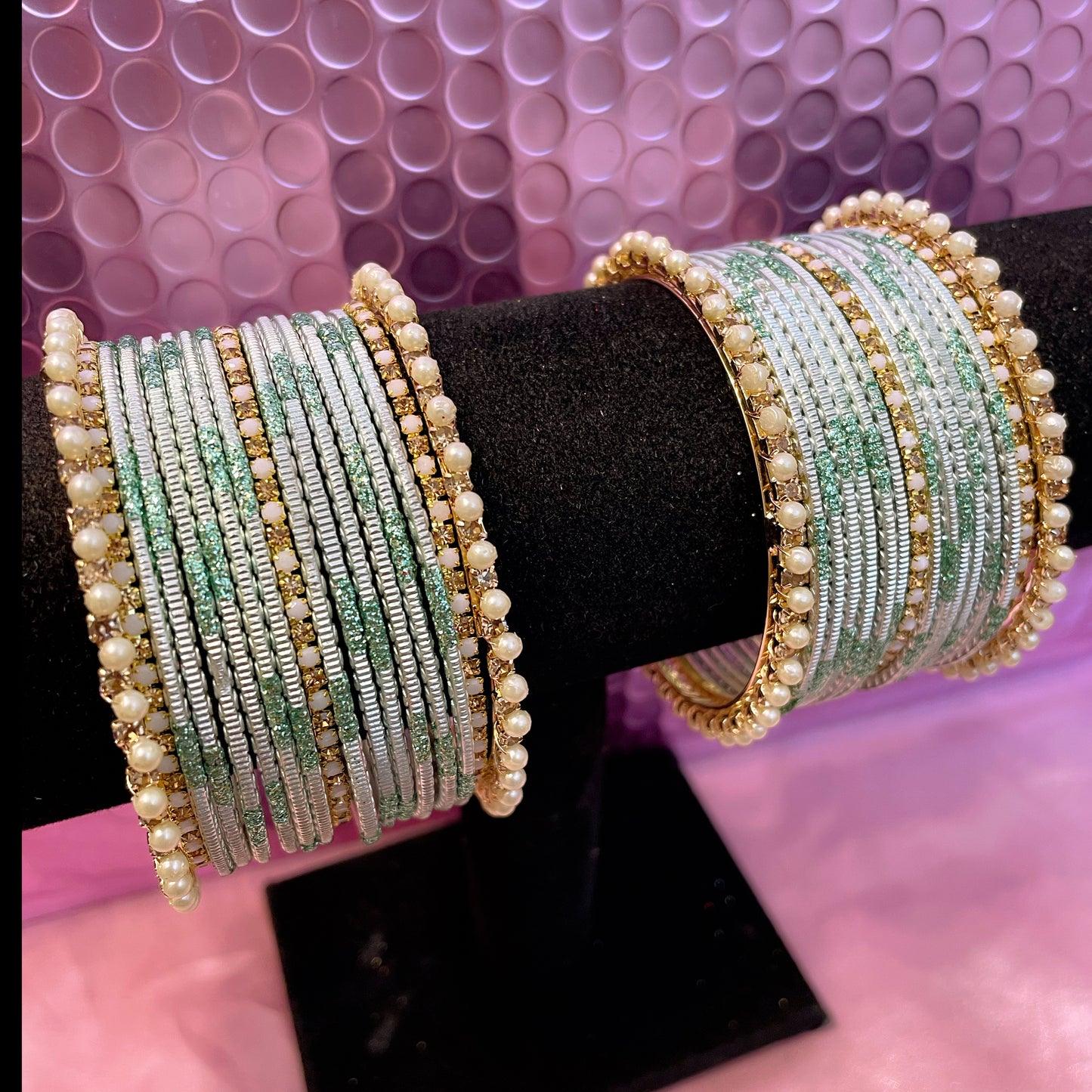 Gold Pearl Zirconia Metal Bangles Set- Mint Green