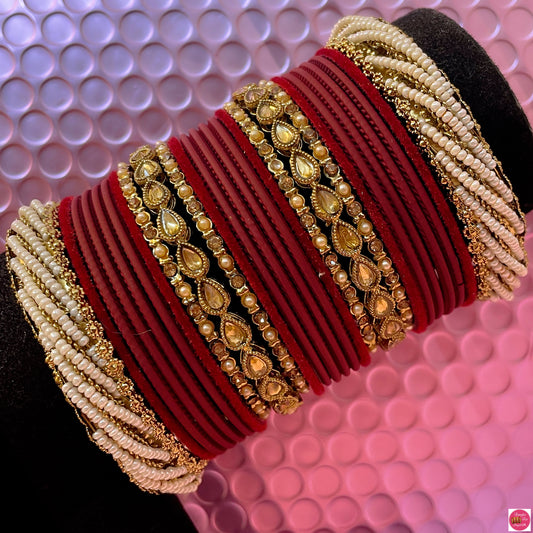 Kundan Pearl Metal Bangles Set- Maroon