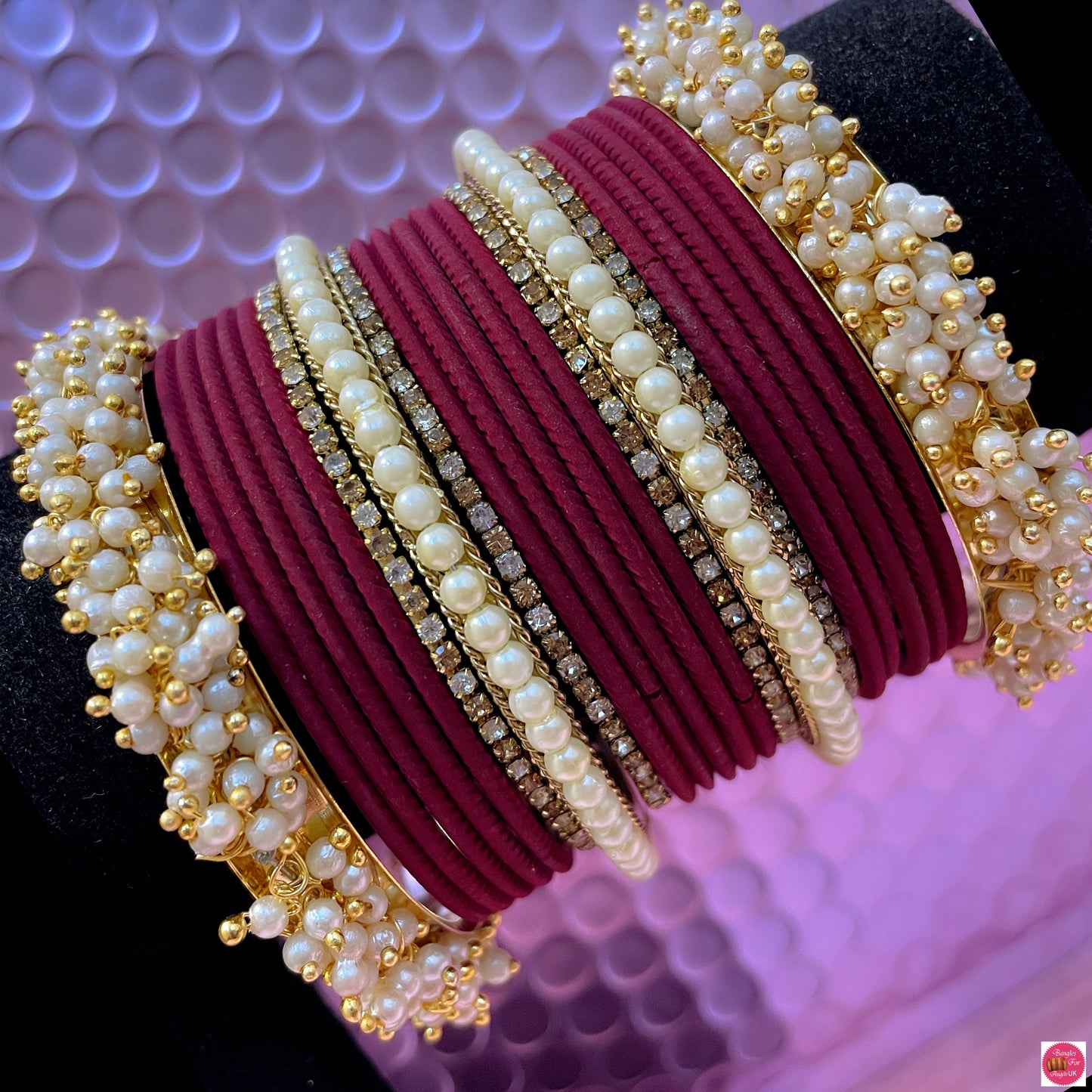 Pearl Metal Bangles Set- Maroon