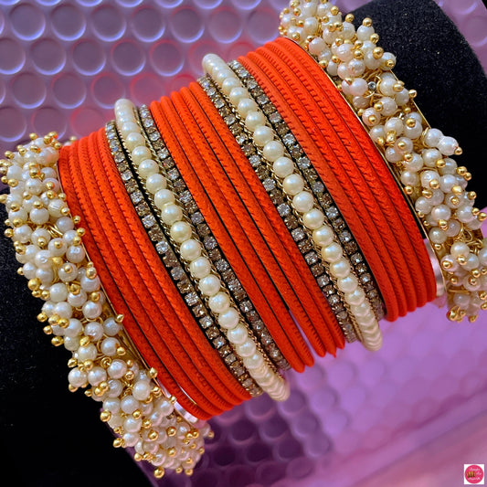 Pearl Metal Bangles Set- Orange