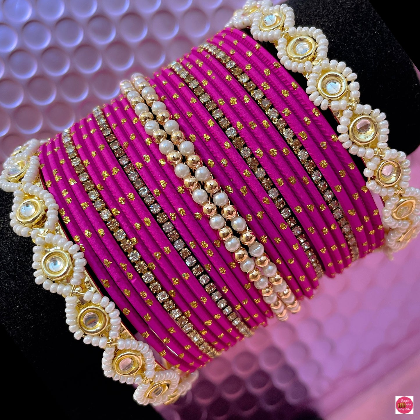 Gold Pearl Metal Bangles Set- Hot Pink