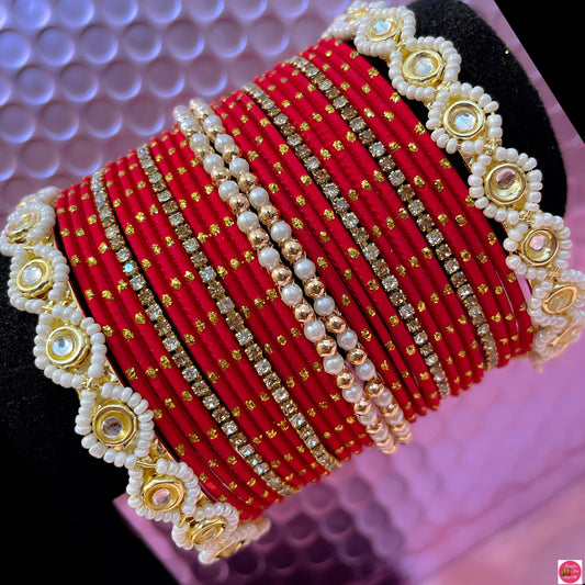 Gold Pearl Metal Bangles Set- Red