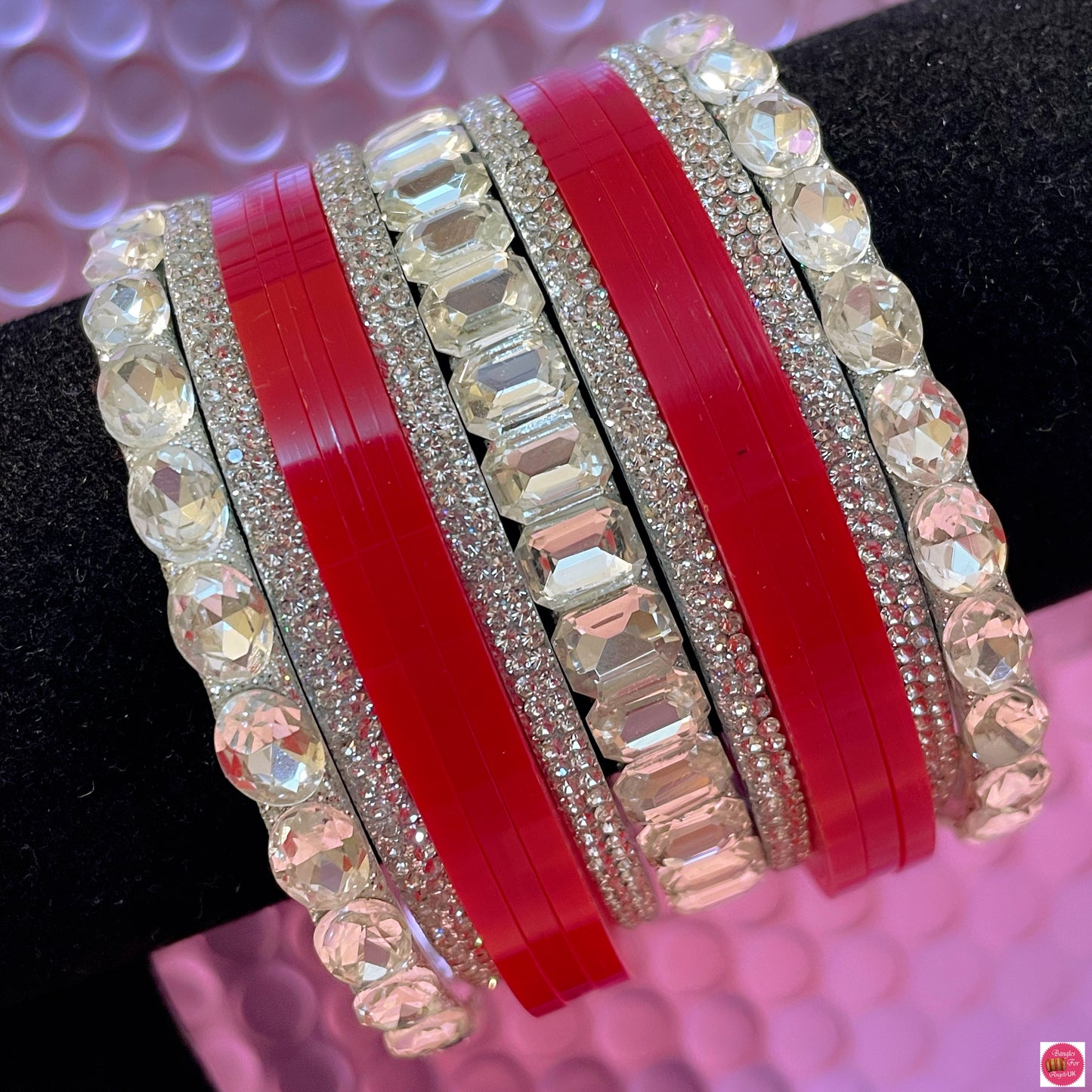 Silver Chura Bangles Set- Red