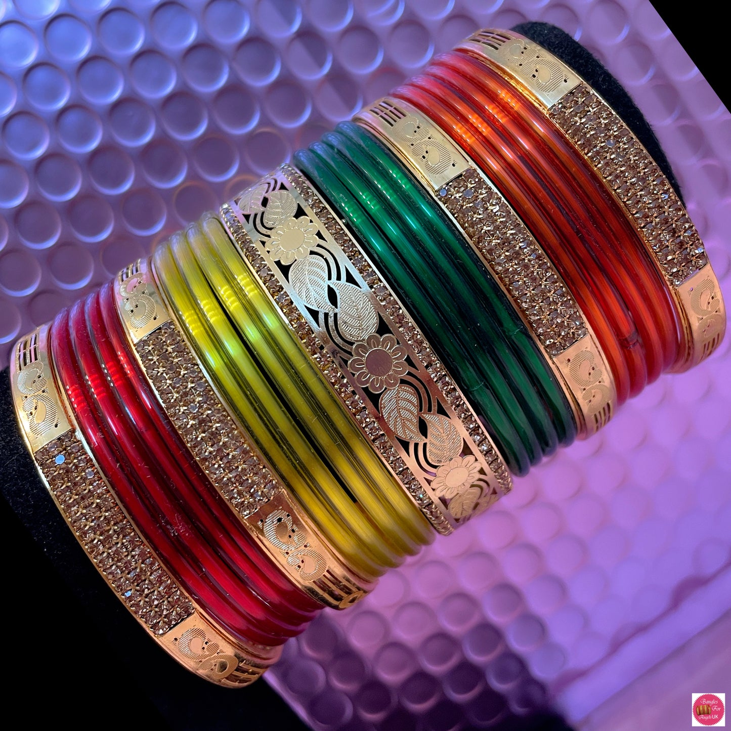 Multicoloured Gold Glass Bangles Set