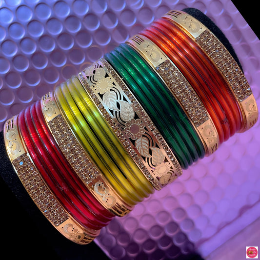 Multicoloured Gold Glass Bangles Set