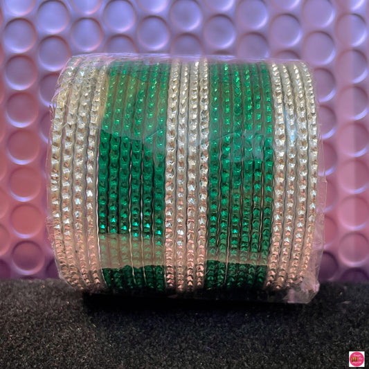 Silver & Green Metal Bangles Set- Size 1.12/1.14
