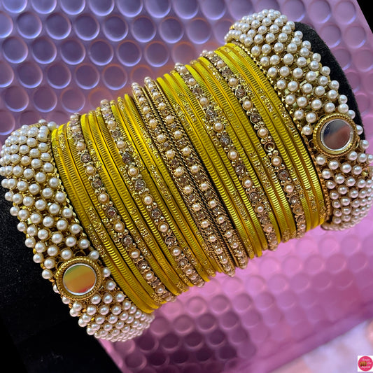 Pearl Metal Bangles Set- Yellow