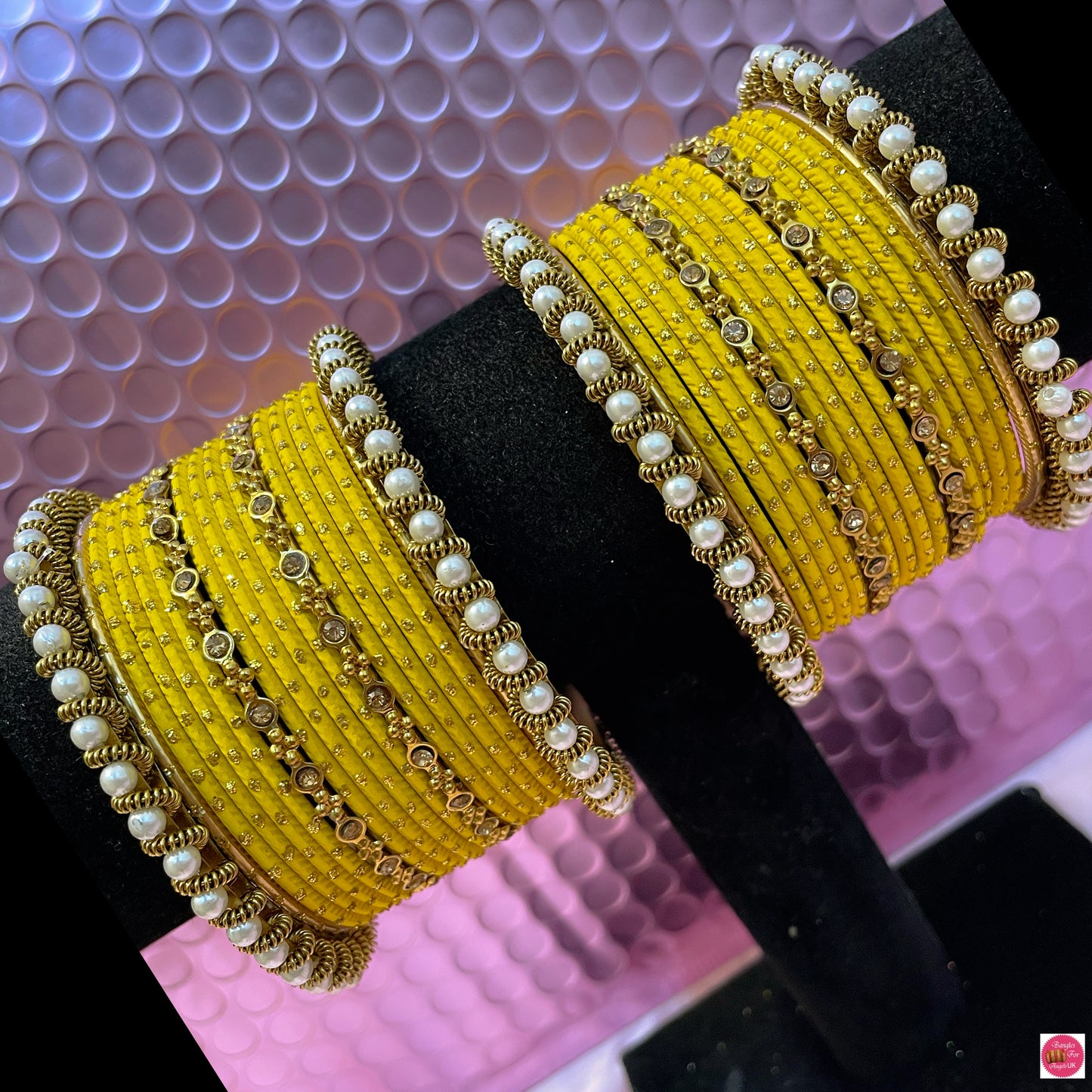 Pearl Metal Bangles Set- Yellow