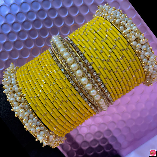 Pearl Zirconia Metal Bangles Set- Yellow