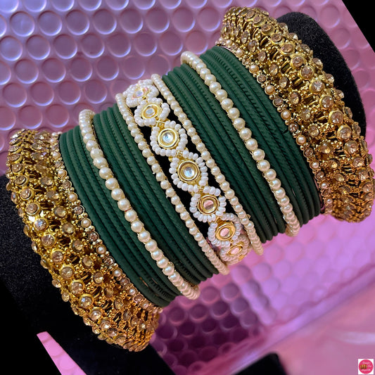 Antique Gold Pearl Metal Bangles Set- Green