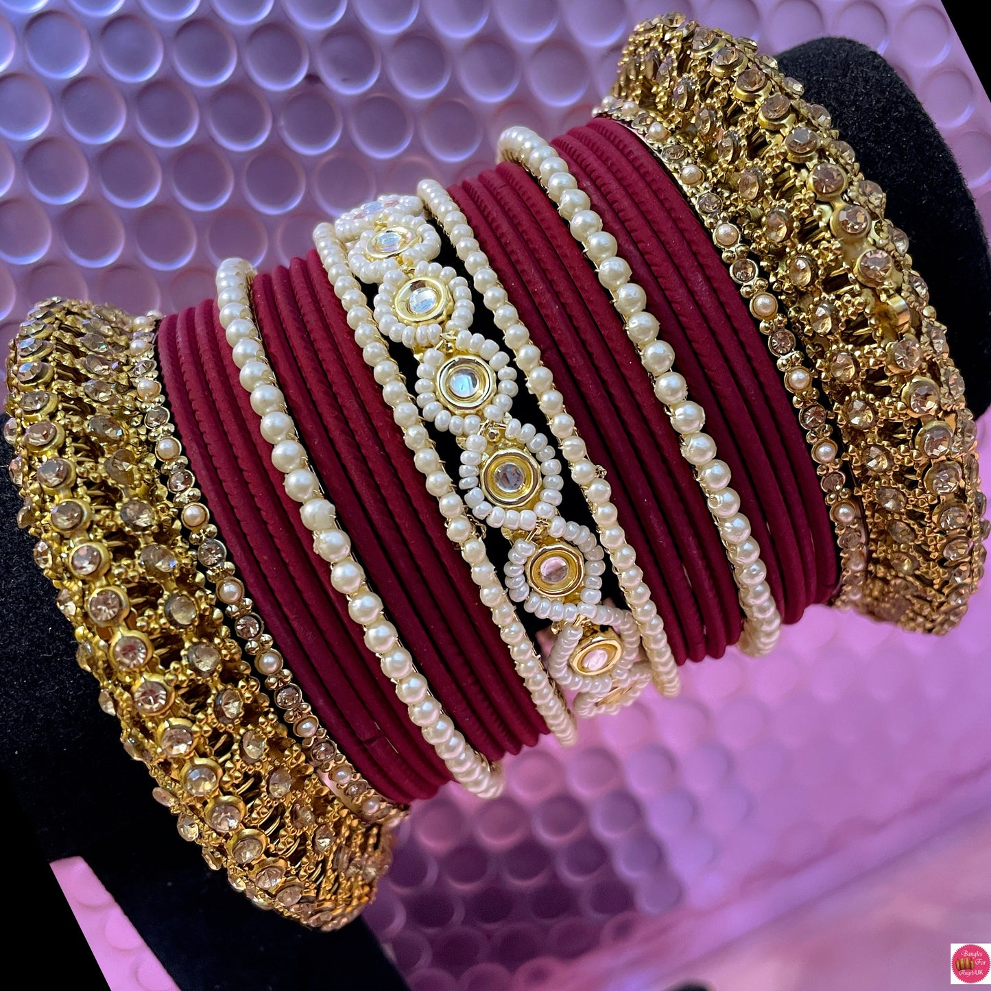 Antique Gold Pearl Metal Bangles Set- Maroon