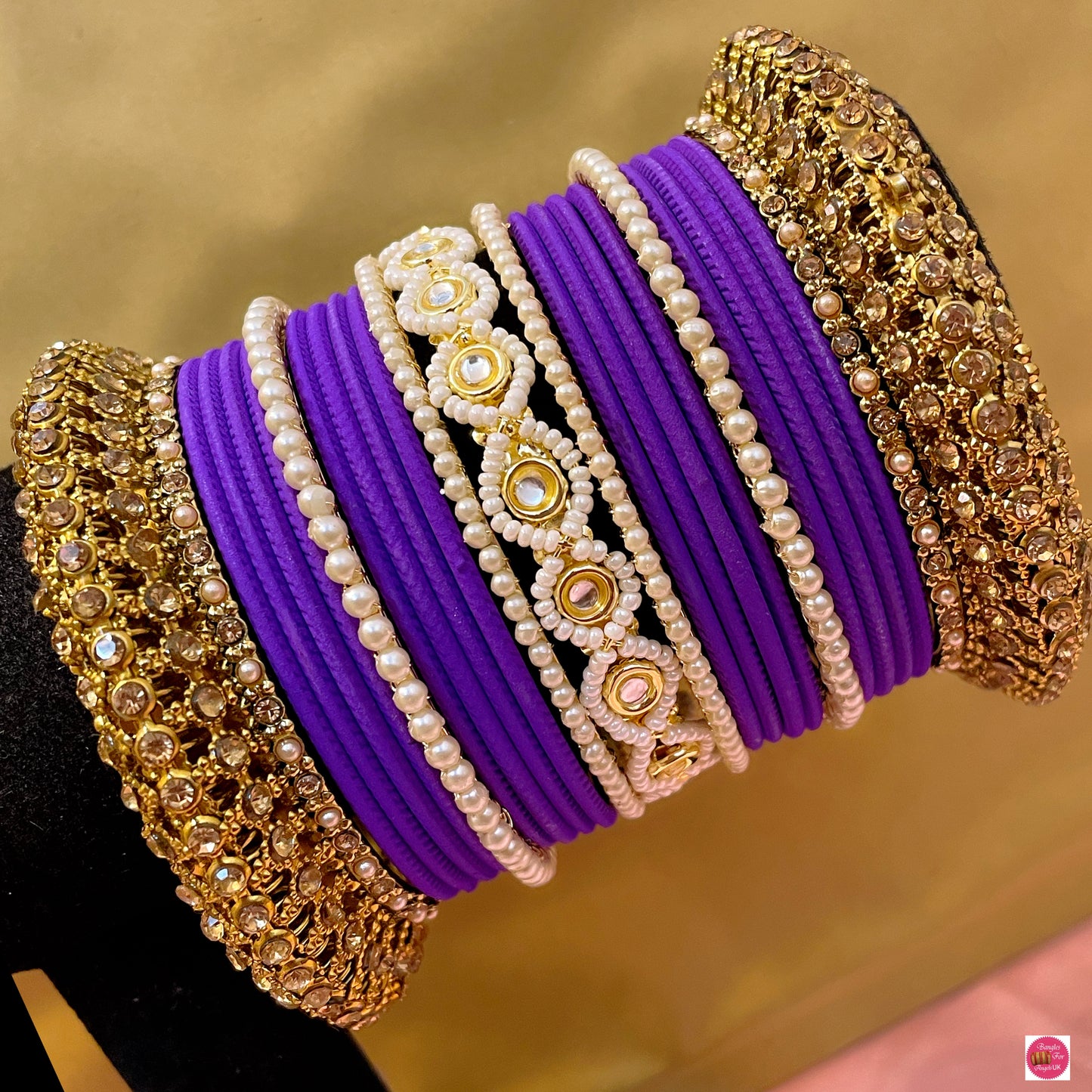 Antique Gold Pearl Metal Bangles Set- Purple