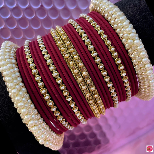 Pearl Metal Bangles Set- Maroon