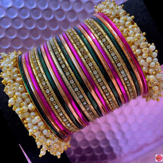 Multicoloured Pearl Zirconia Metal Bangles Set