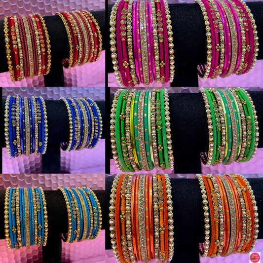 Pearl Thread Metal Bangles Sets- Various Colours