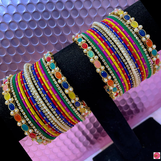 Multicoloured Pearl Zirconia Metal Bangles Set