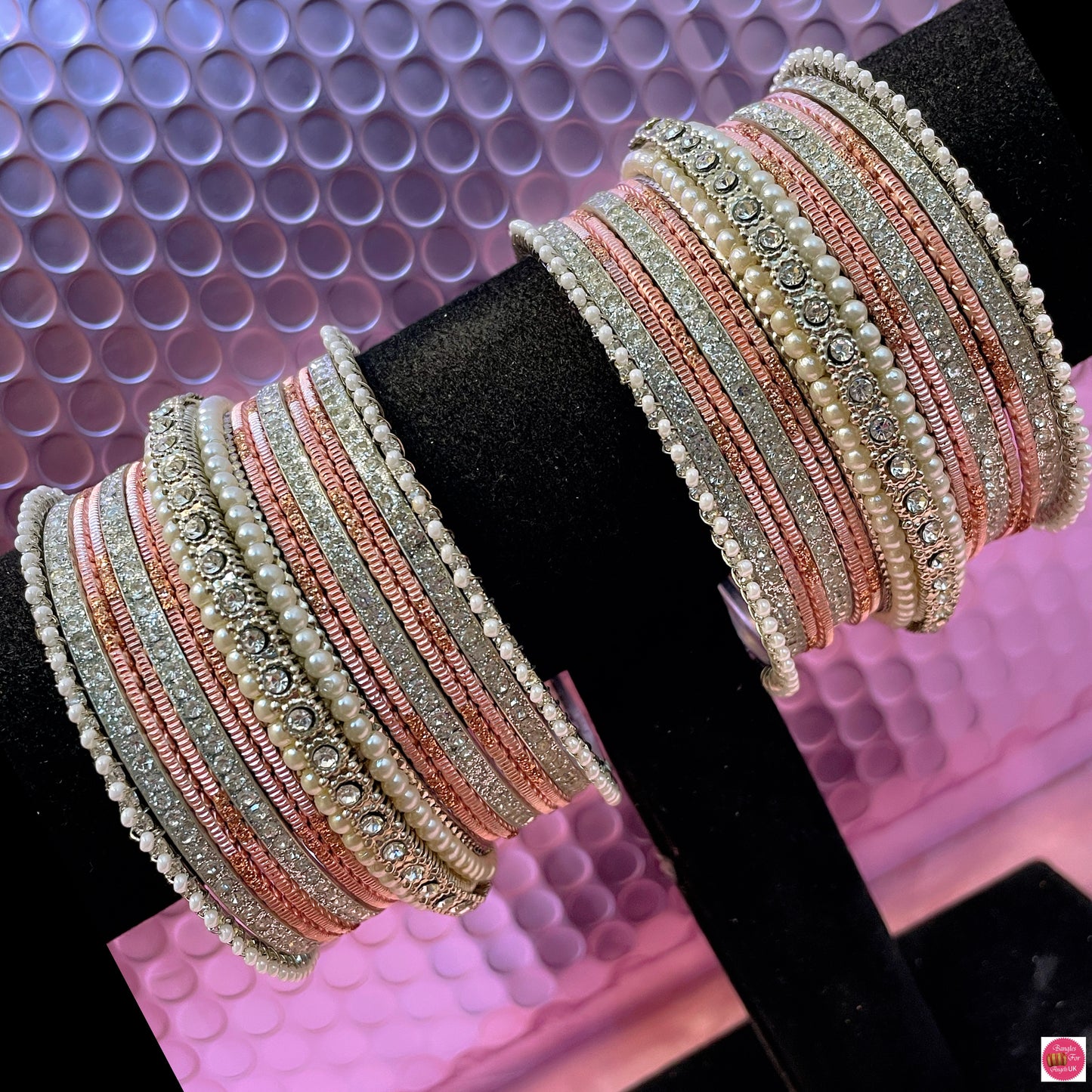 Silver Pearl Metal Bangles Set- Tuscany Pink/Peach