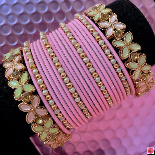 Pink/Mint Green Flower Pearl Metal Bangles Set