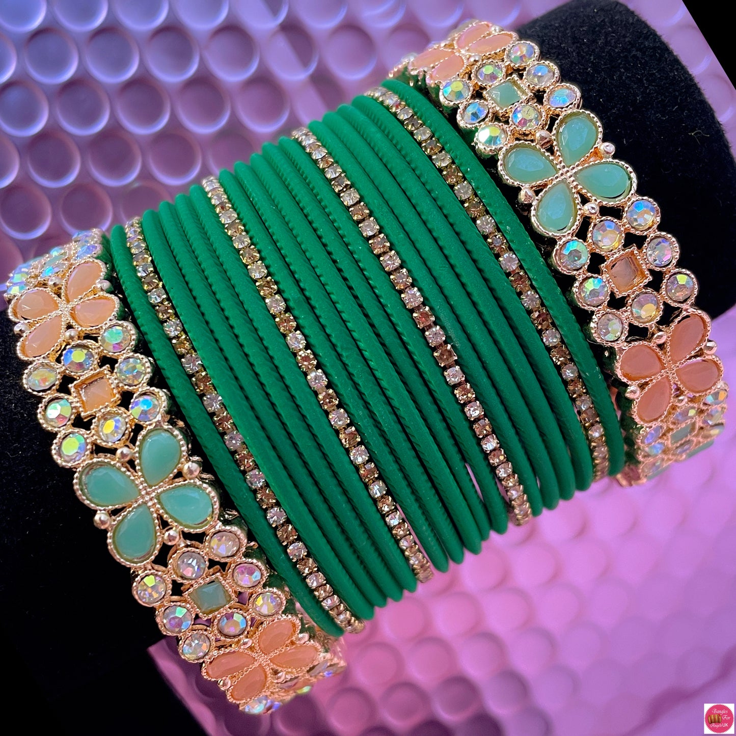 Zirconia Metal Bangles Set- Green