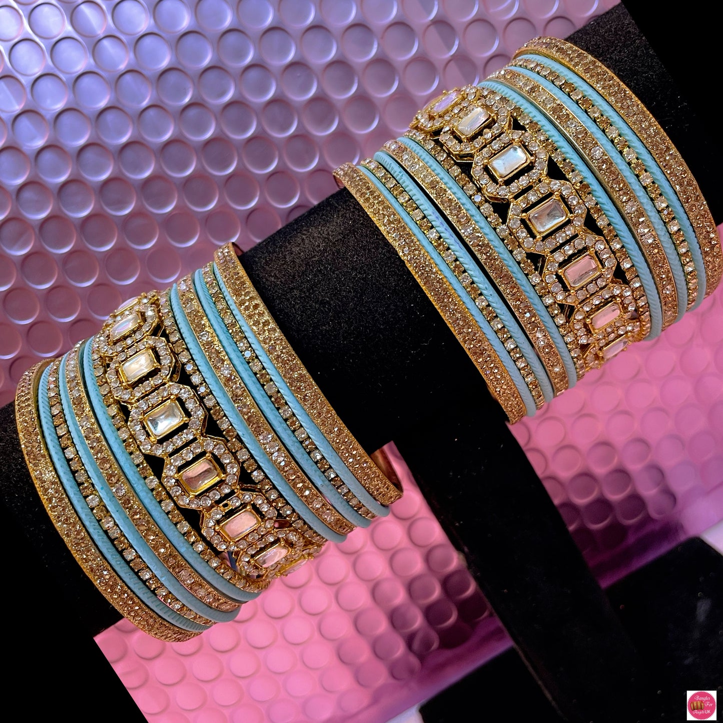 Gold Zirconia Metal Bangles Set- Baby Blue