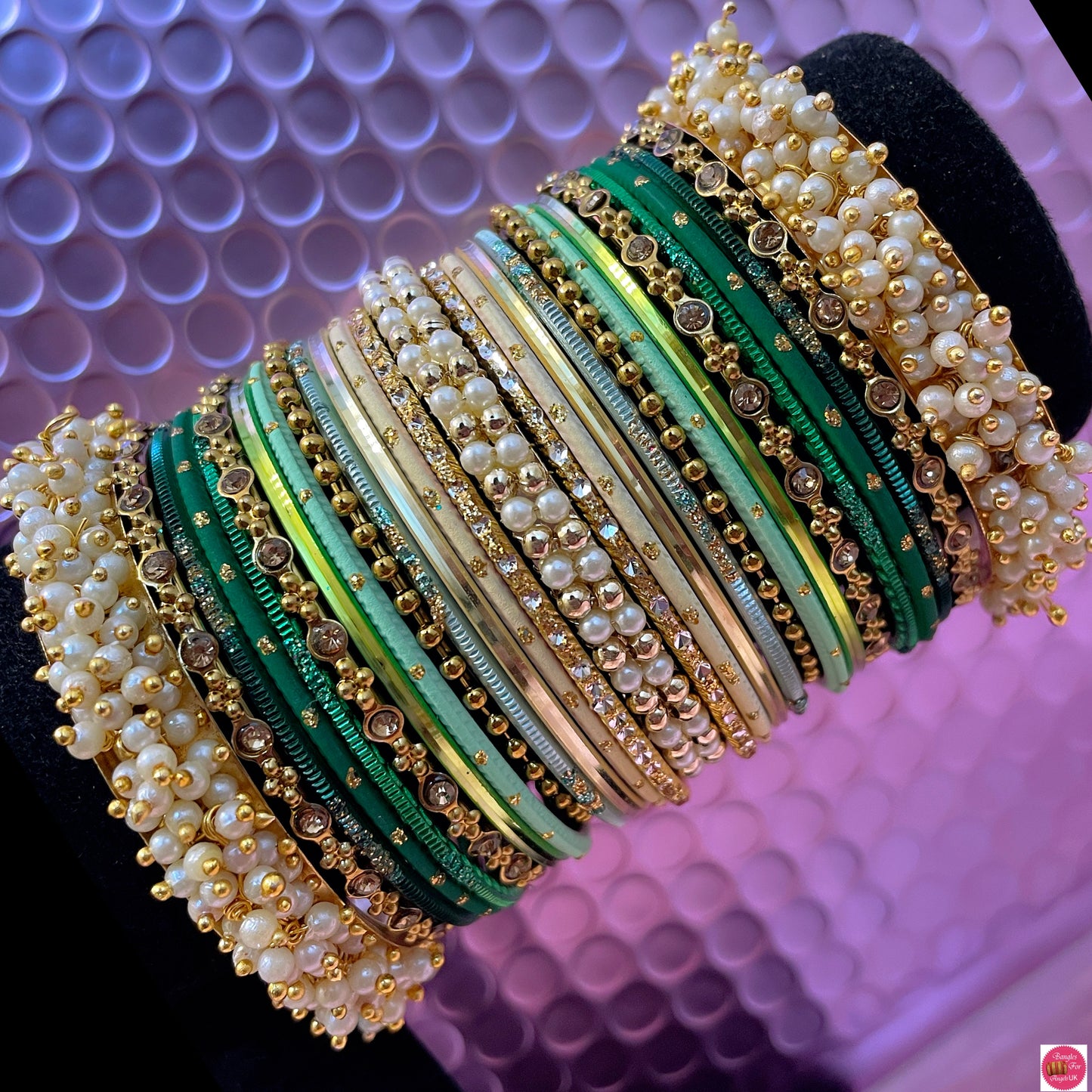 Pearl Gold Metal Bangles Set- Green