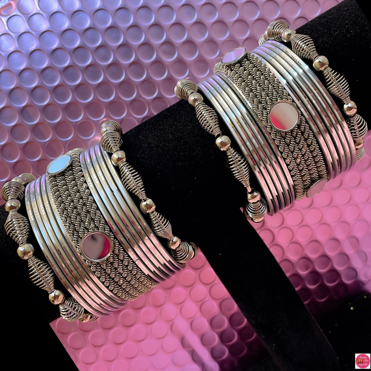 Silver Oxidised Mirror Metal Bangles Set