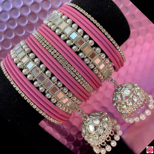 Silver Pearl Zirconia Hanging Metal Bangles Set- Blush Pink